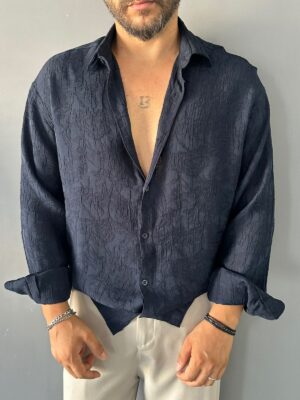 Jakarlı Kendinden Desenli Lacivert Oversize Gömlek